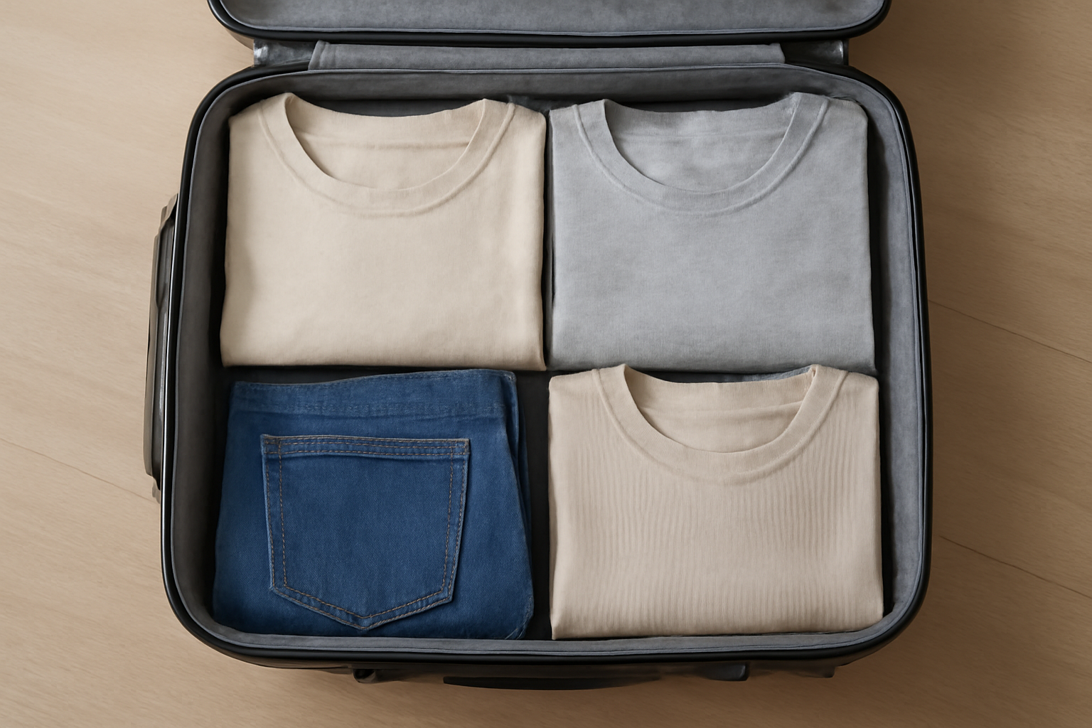 valise ouverte avec vêtements pliés minimalistes