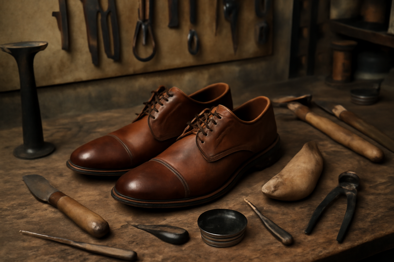 atelier réparation chaussures avec outils sur établi