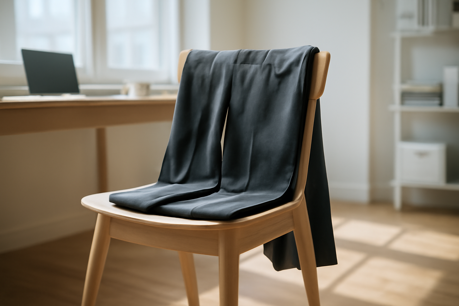 pantalon posé sur chaise dans bureau lumineux