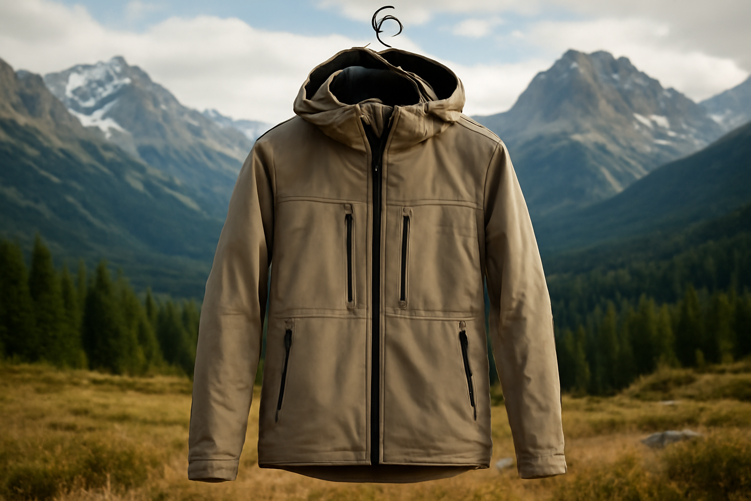 veste technique accrochée devant paysage montagneux