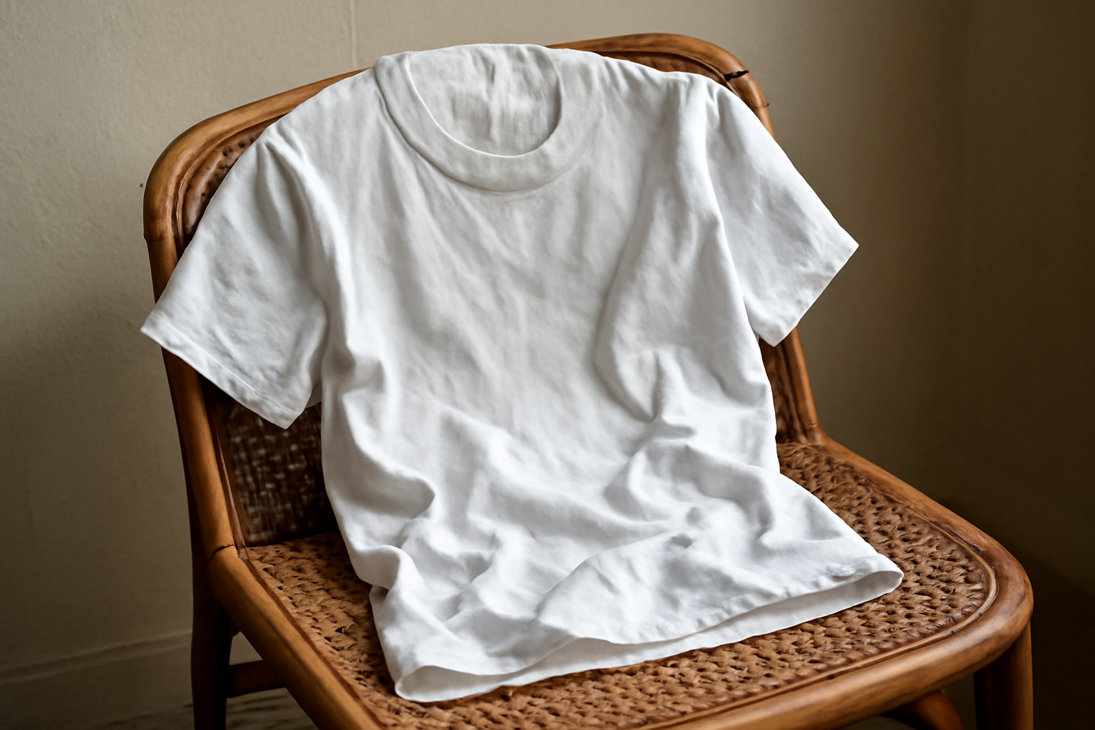 tshirt blanc posé sur chaise froissée