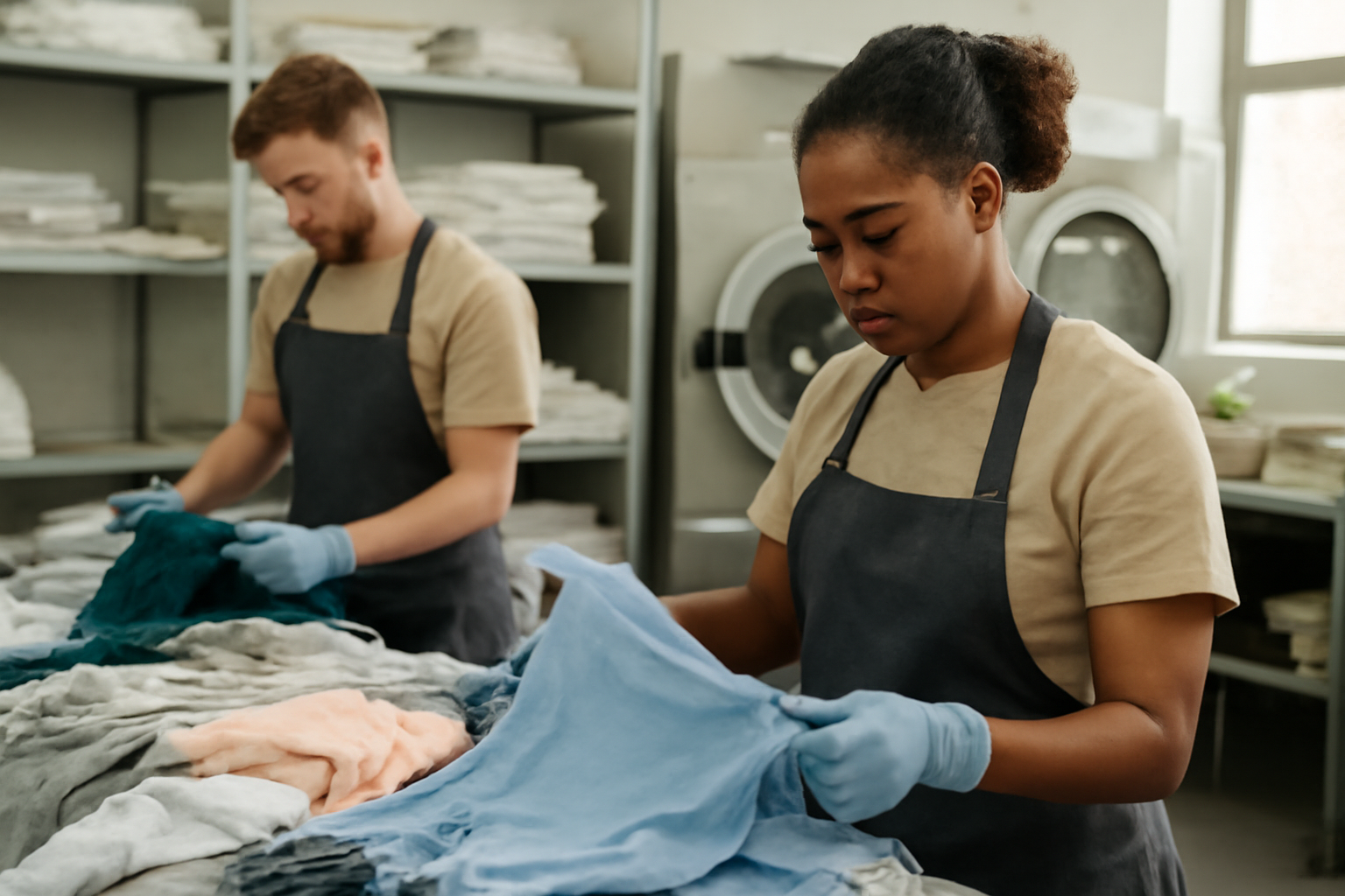 personnel triant vetements dans atelier de nettoyage