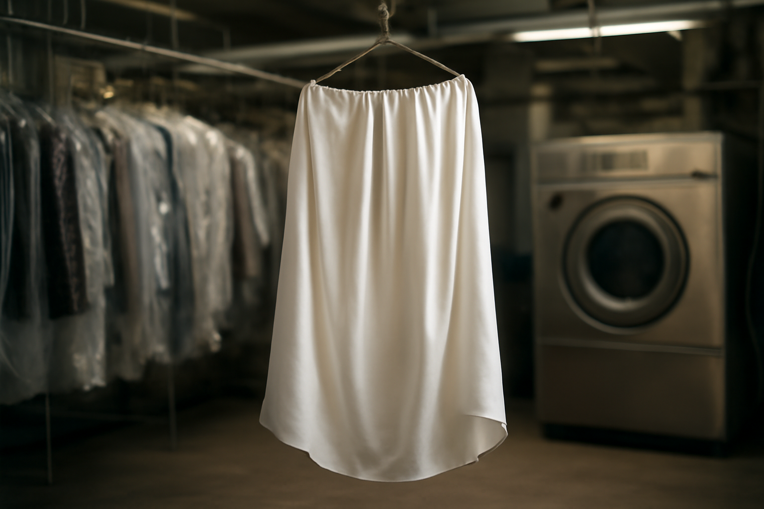 tissu suspendu dans un atelier de nettoyage