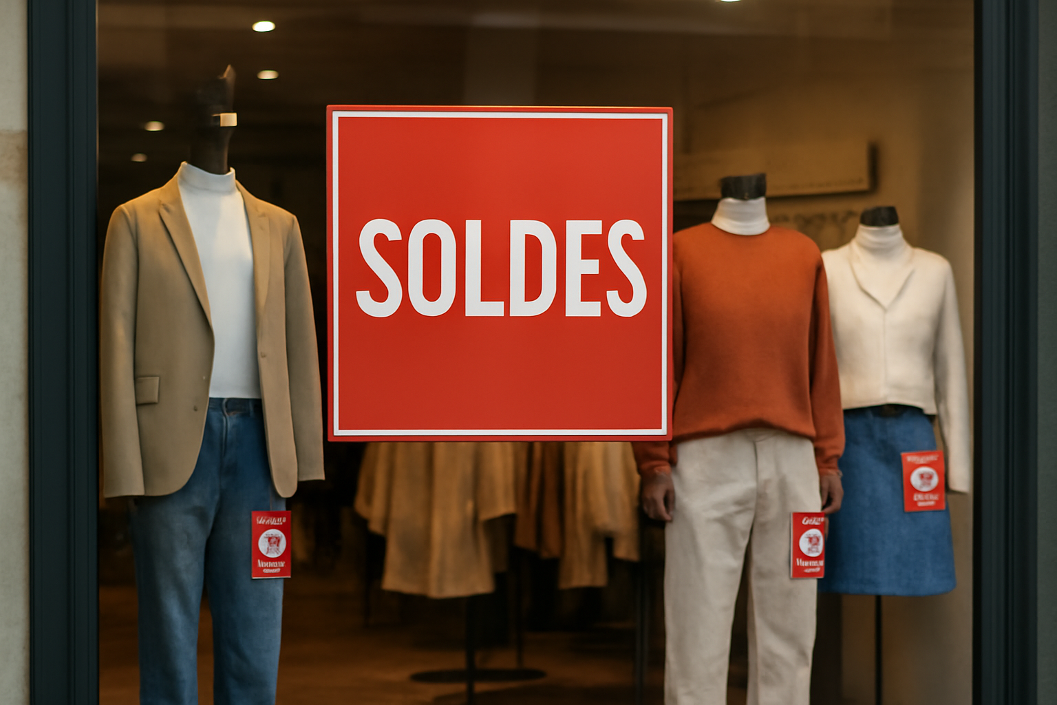 vitrine affichant etiquettes soldes et vetements