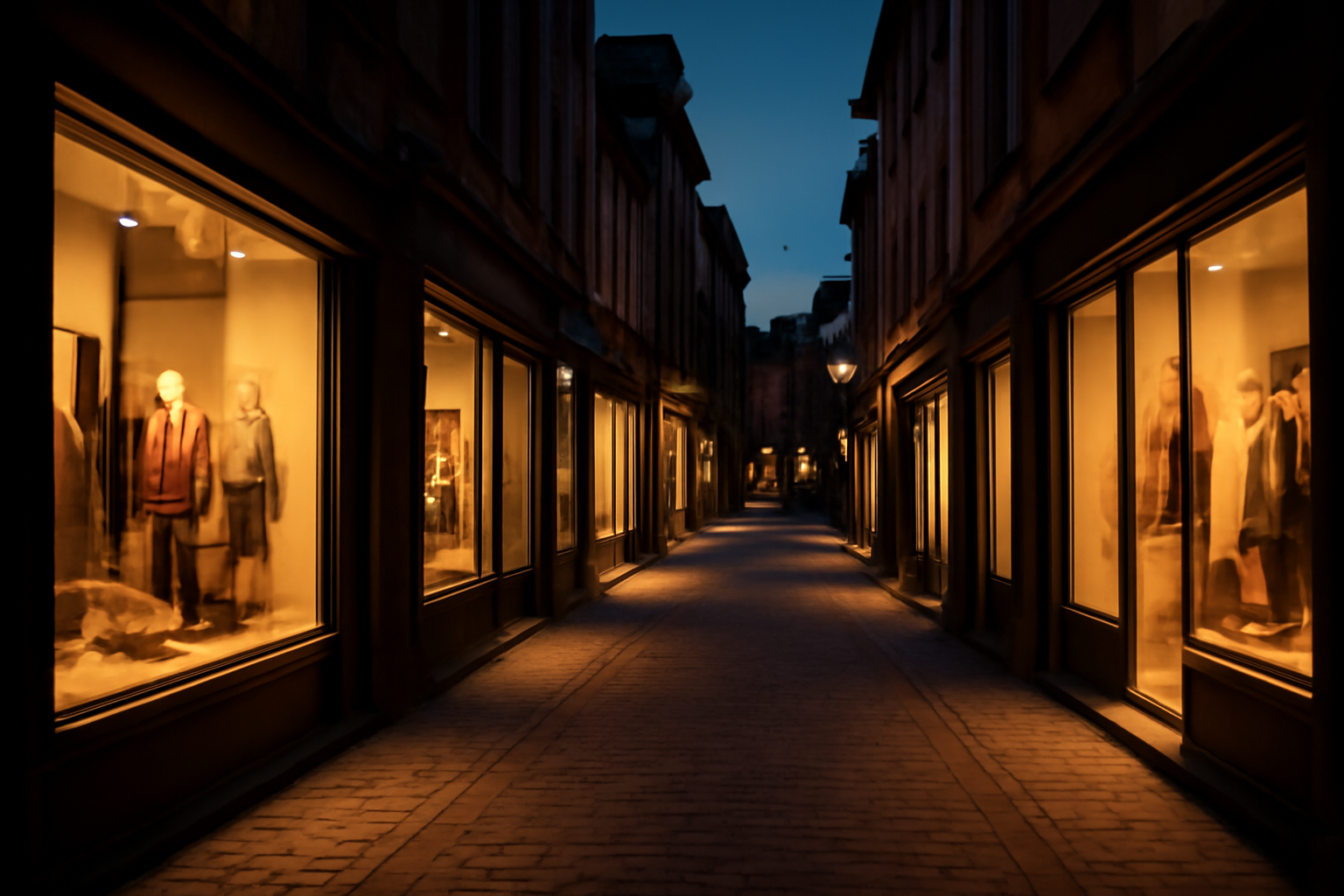 rue commerçante avec vitrines éclairées le soir