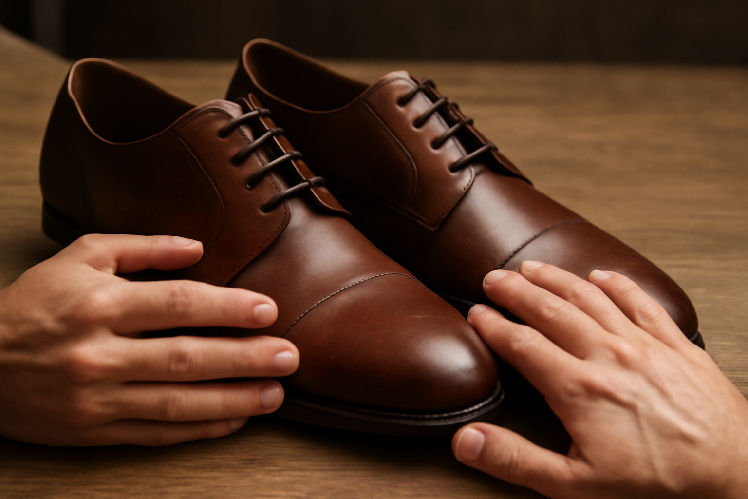mains touchant une paire de chaussures en cuir