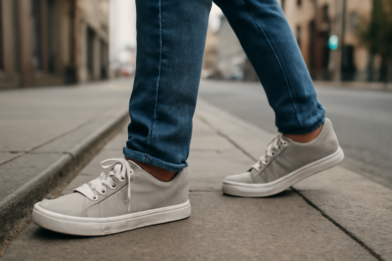 personne marchant en baskets sur trottoir urbain
