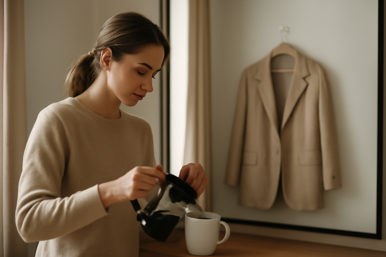 femme préparant café devant miroir et tenue posée