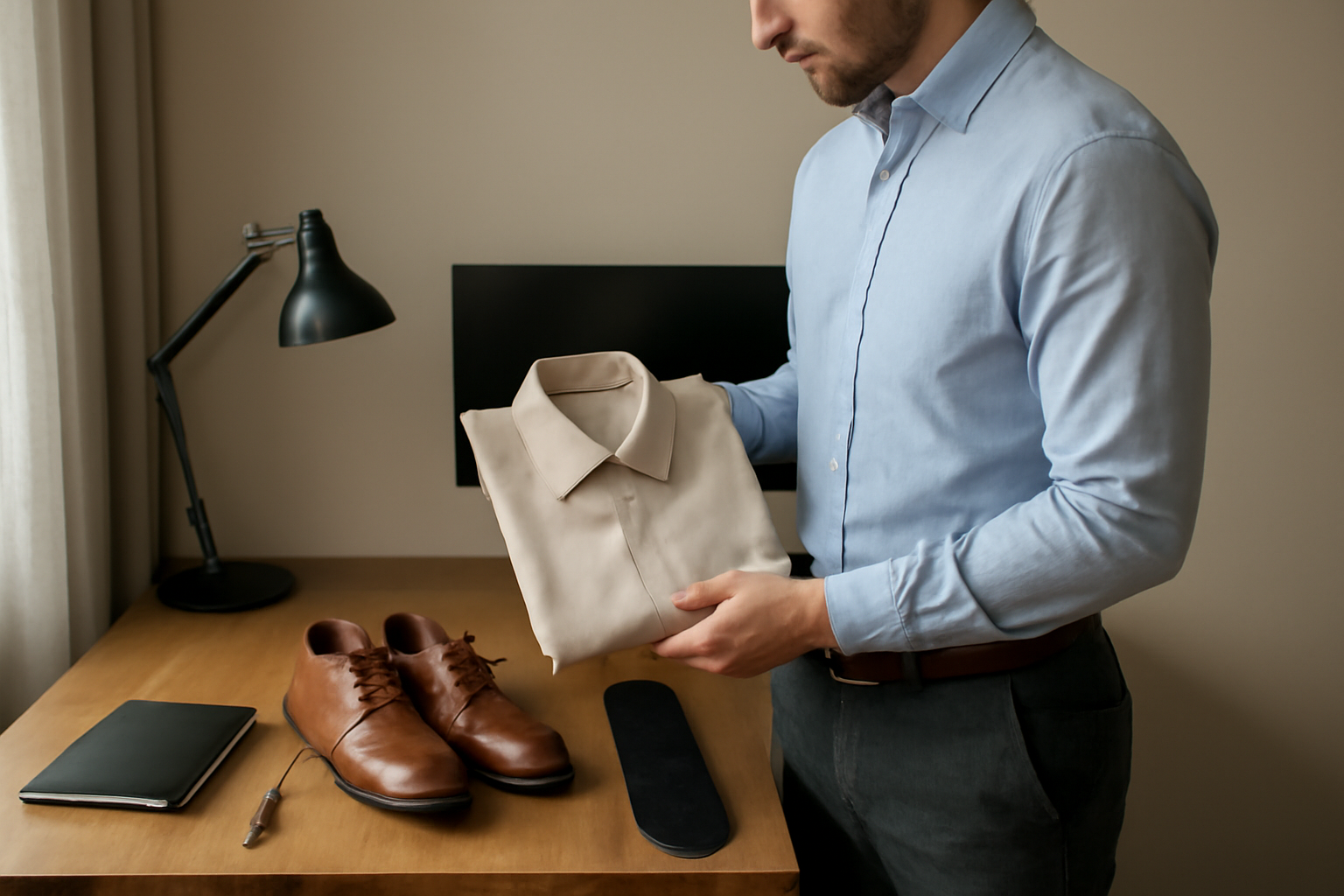 personne préparant sa tenue près d'un bureau