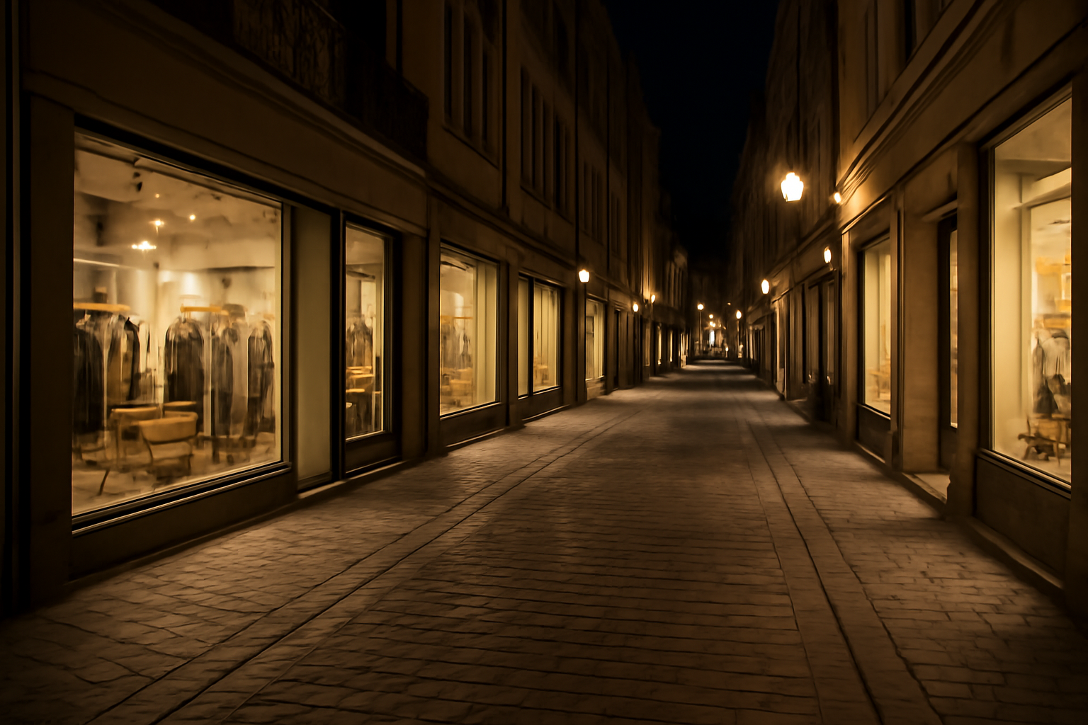 rue piétonne illuminée avec vitrines ouvertes