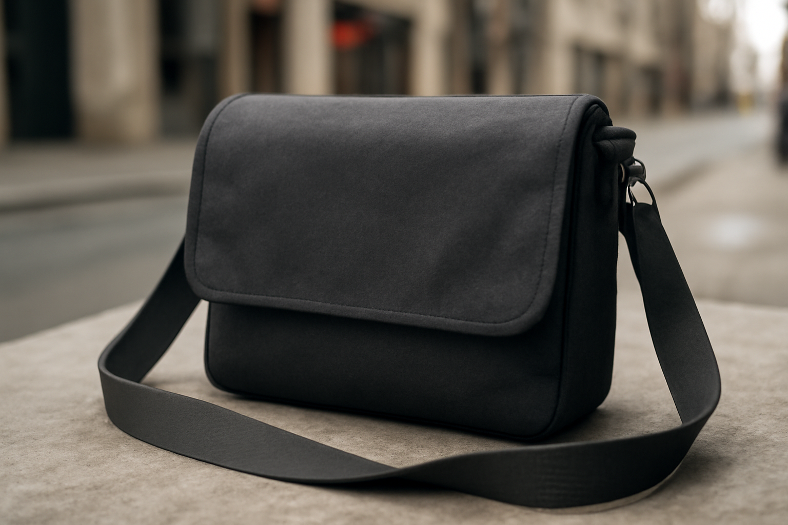 sac bandoulière posé sur table urbaine