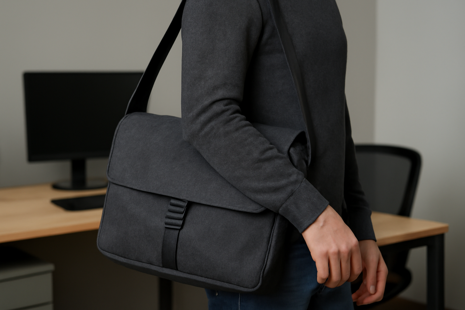 sac porte a l'epaule pres d'un bureau