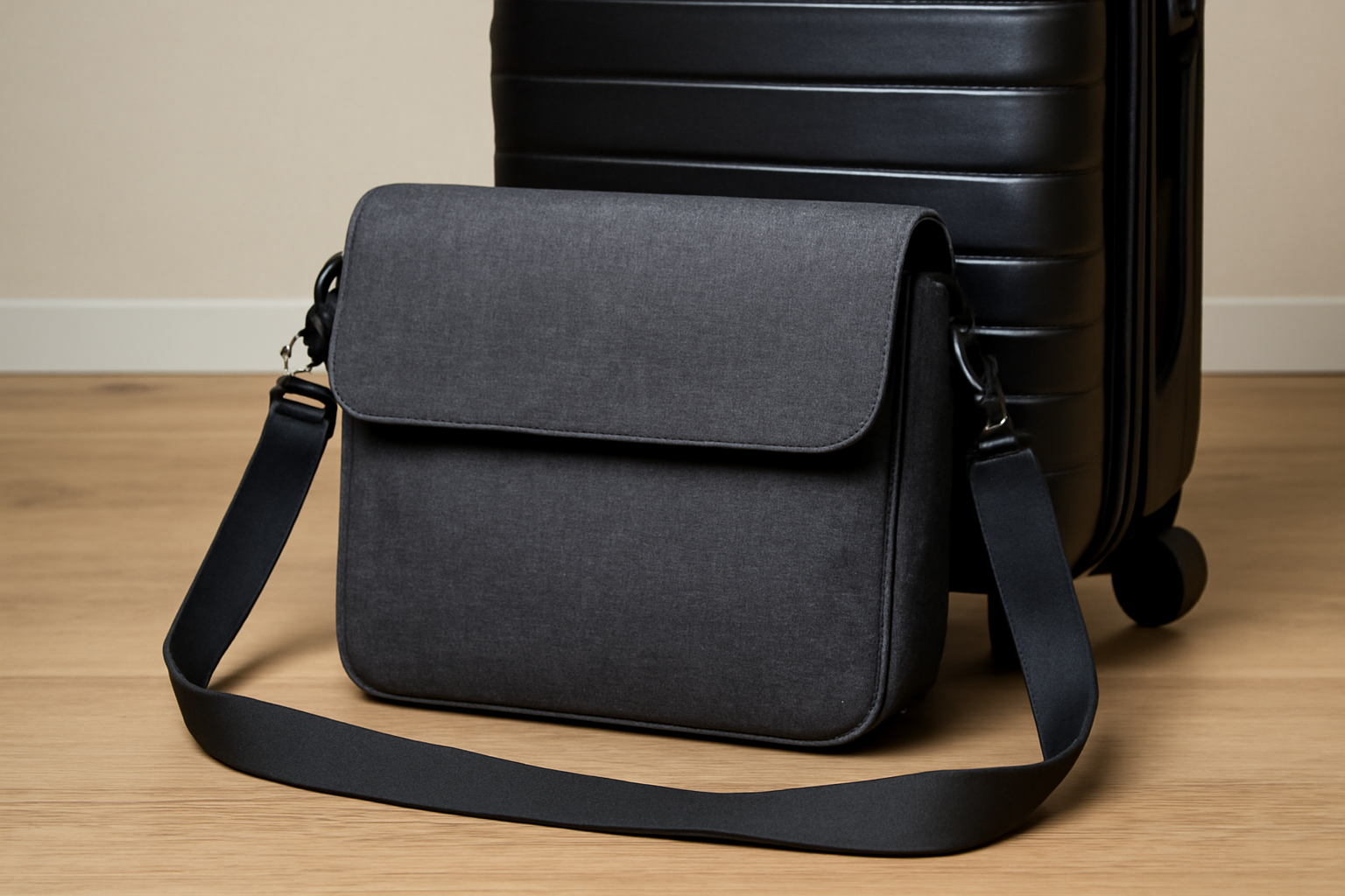 sac bandoulière posé près d'une valise cabine
