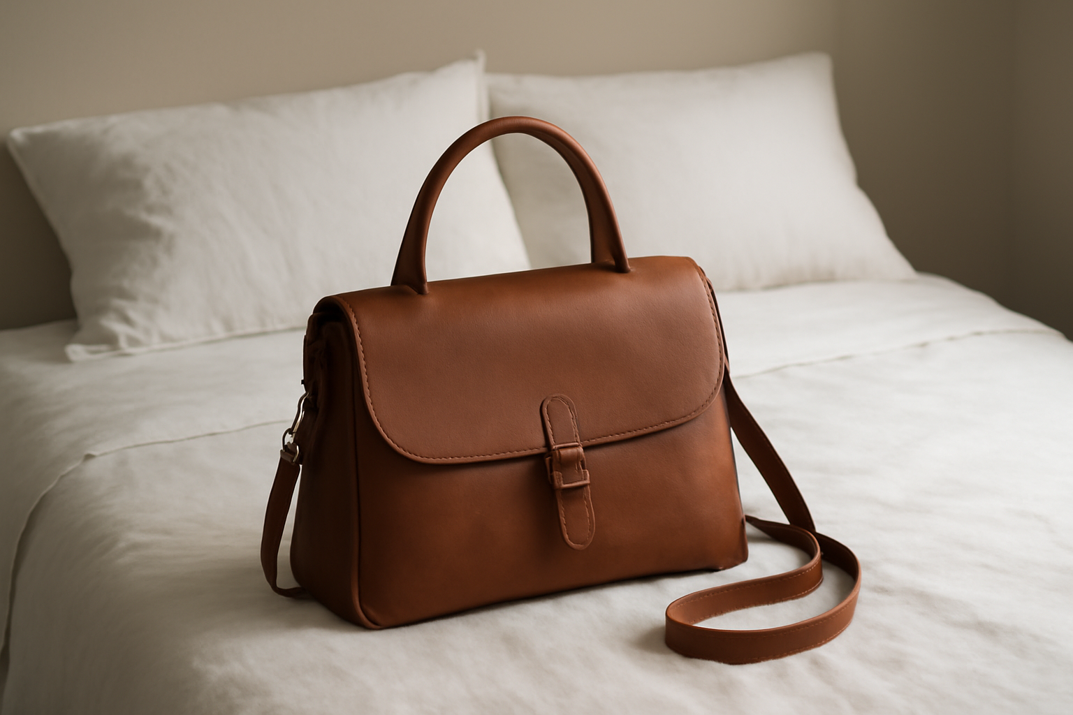 sac posé sur un lit minimaliste