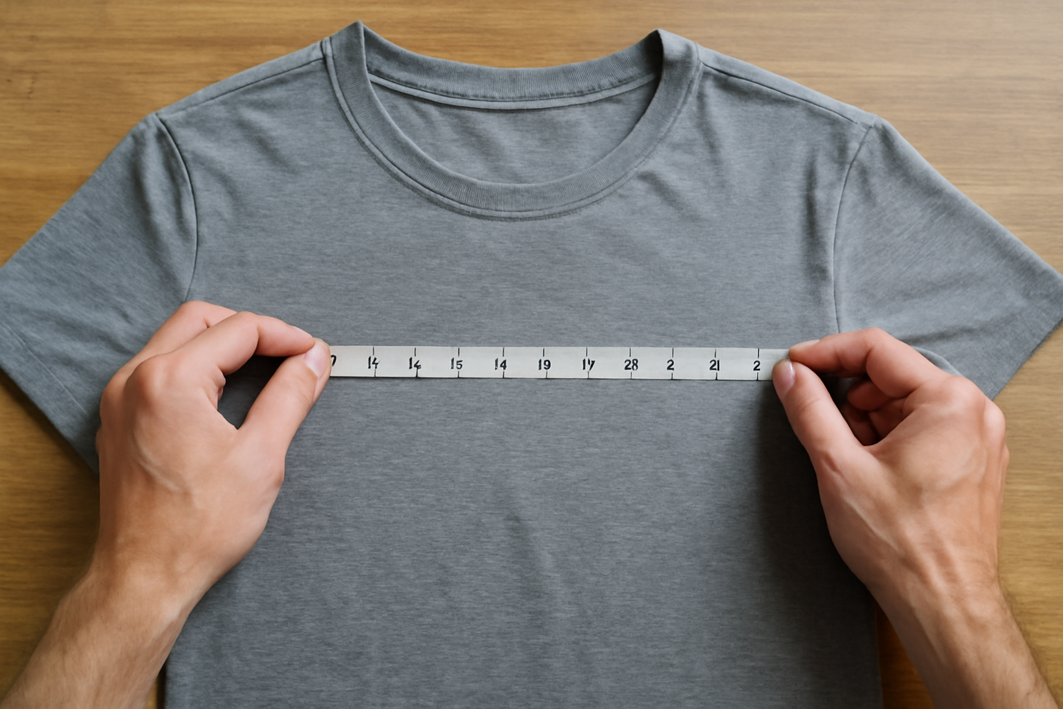 mains mesurant un vêtement sur une table