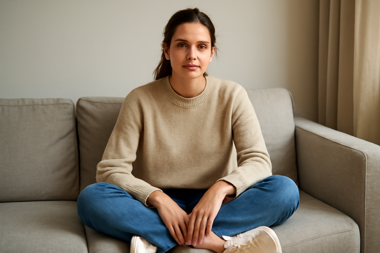 femme assise sur canapé tenue décontractée