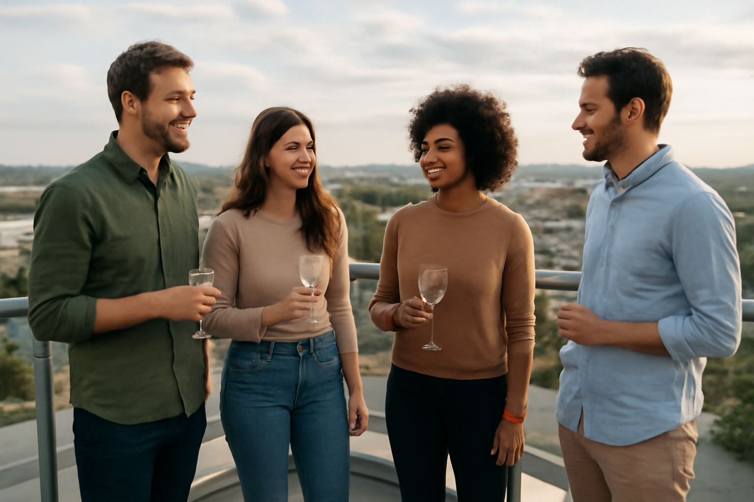 personnes debout sur terrasse verre à la main