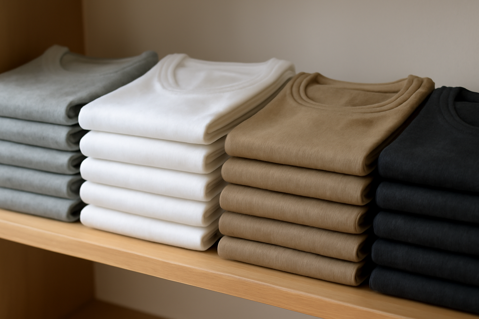 t-shirts pliés alignés sur une étagère
