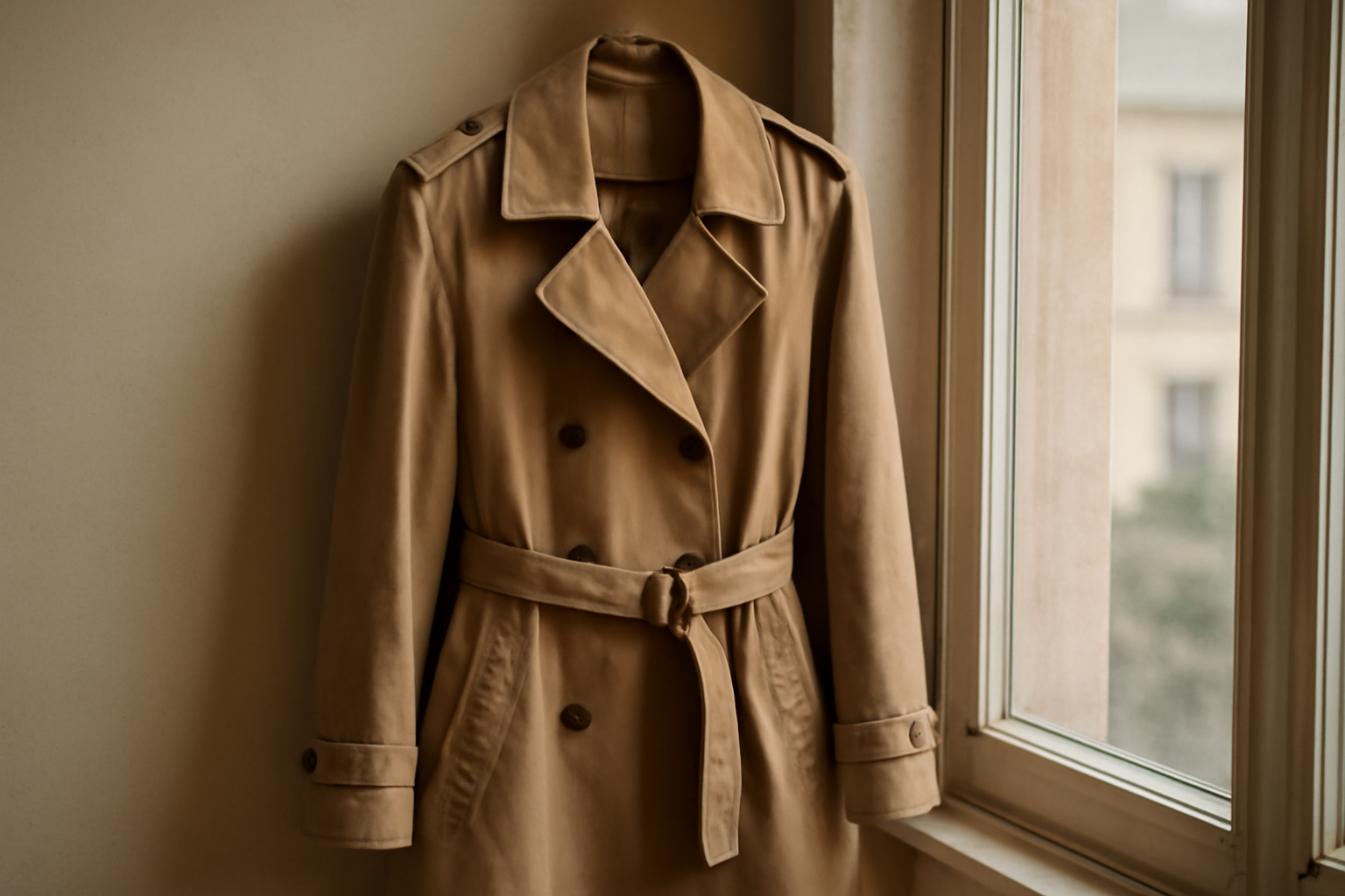 trench beige suspendu pres d'une fenetre