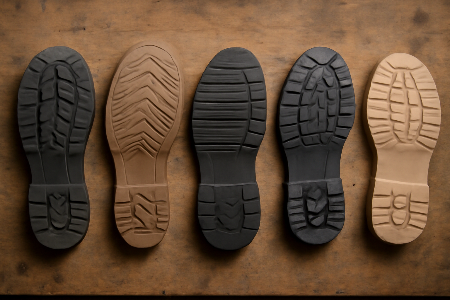 semelles de chaussures alignees sur table d atelier
