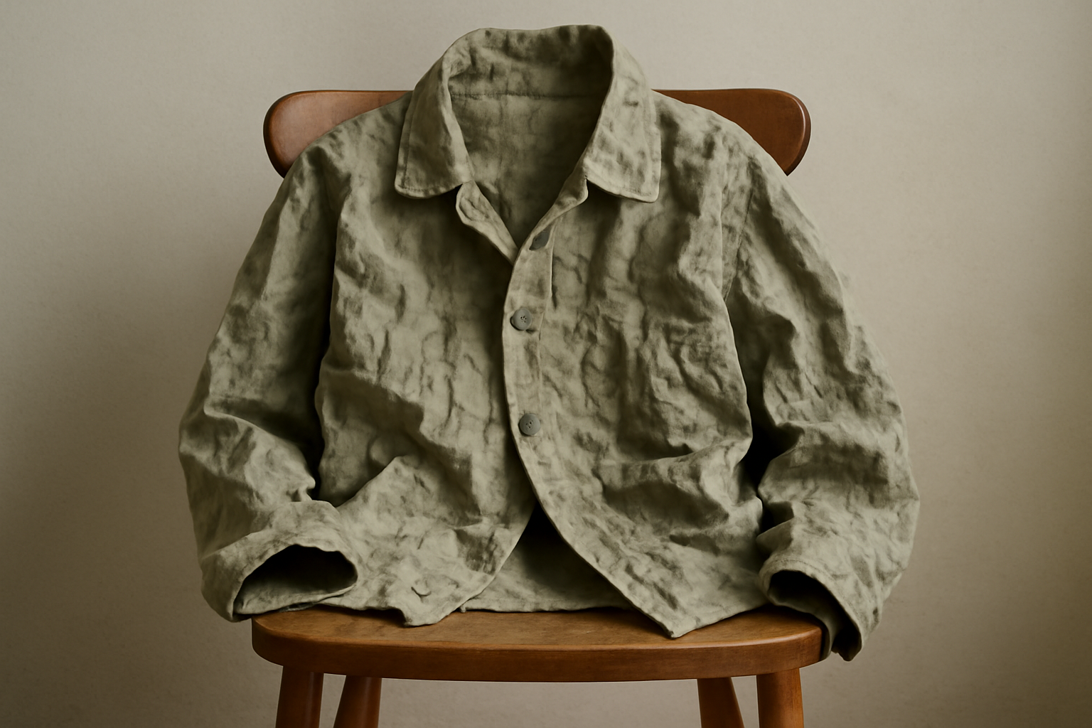 veste froissée posée sur chaise en bois