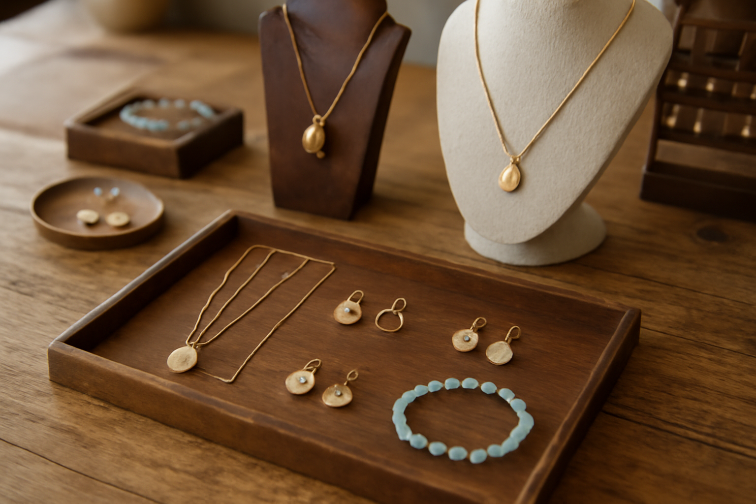magasindemode-accessoires-artisanaux-proche-marche etal avec bijoux artisanaux sur table en bois