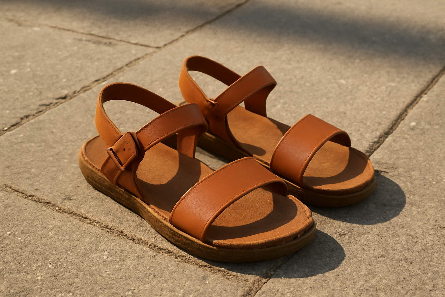 magasindemode-acheter-sandales-local sandales posees sur un trottoir ensoleille
