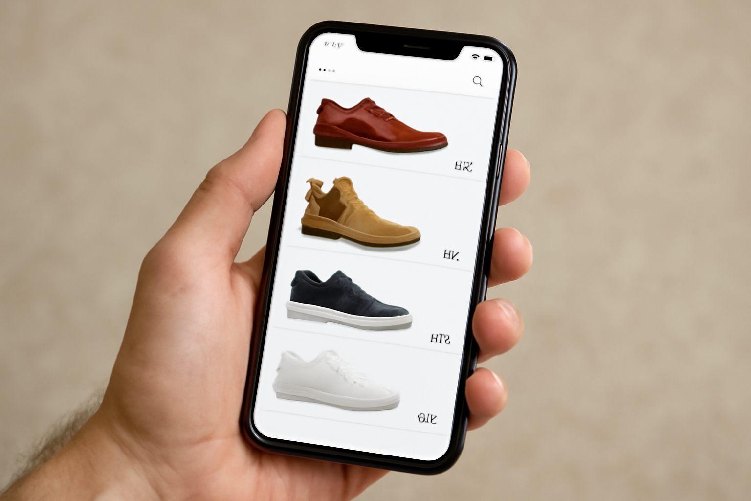 magasindemode-applications-comparer-prix-avis main tenant un smartphone affichant listes de chaussures