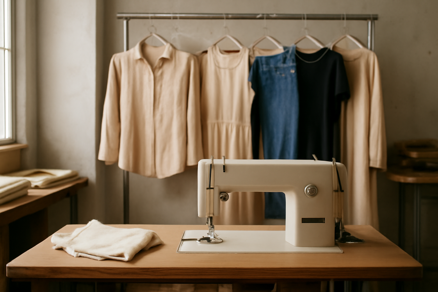 atelier avec machine à coudre et vêtements suspendus