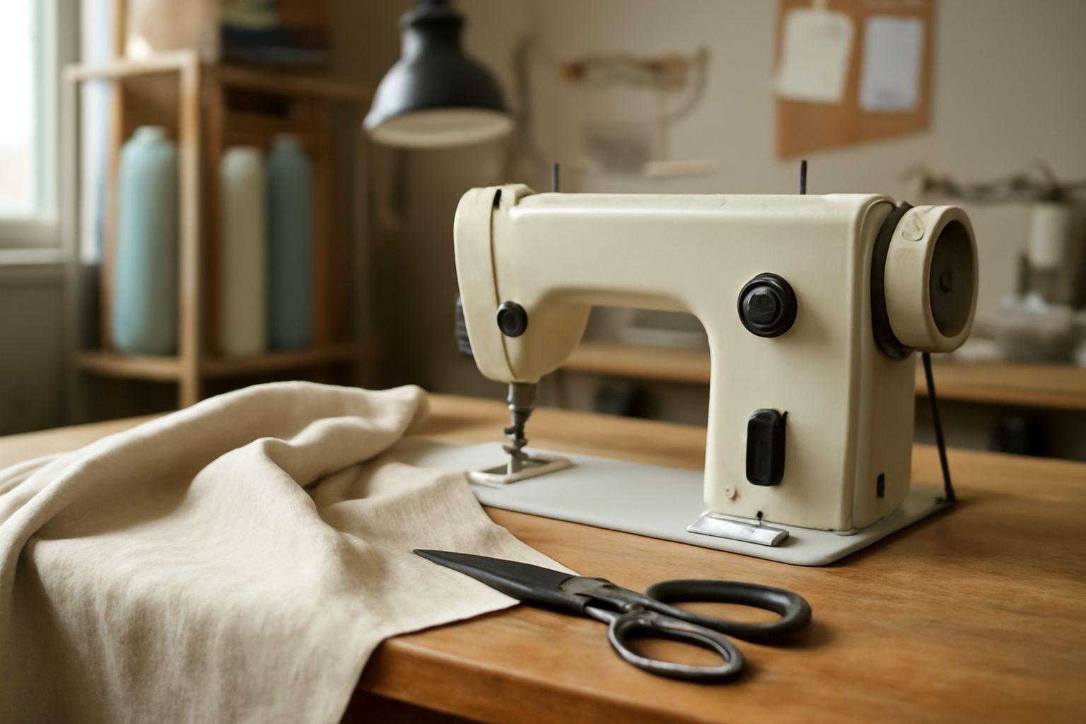 magasindemode-ateliers-retouche-express atelier couture avec machine et tissu posé