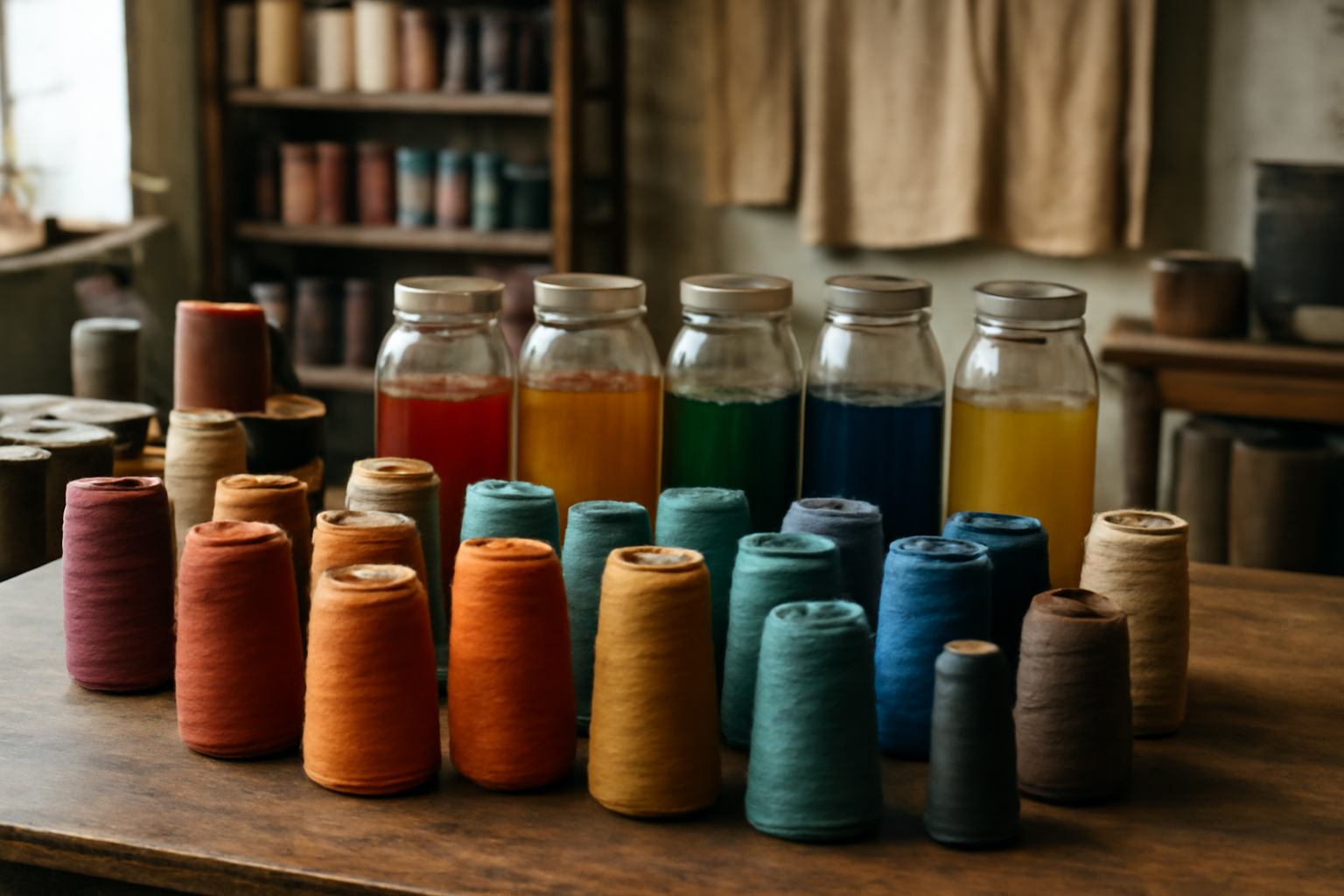 atelier textile avec bobines et teintures colorées