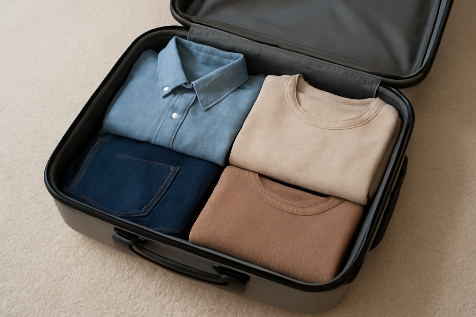 petite valise ouverte avec tenues pliées