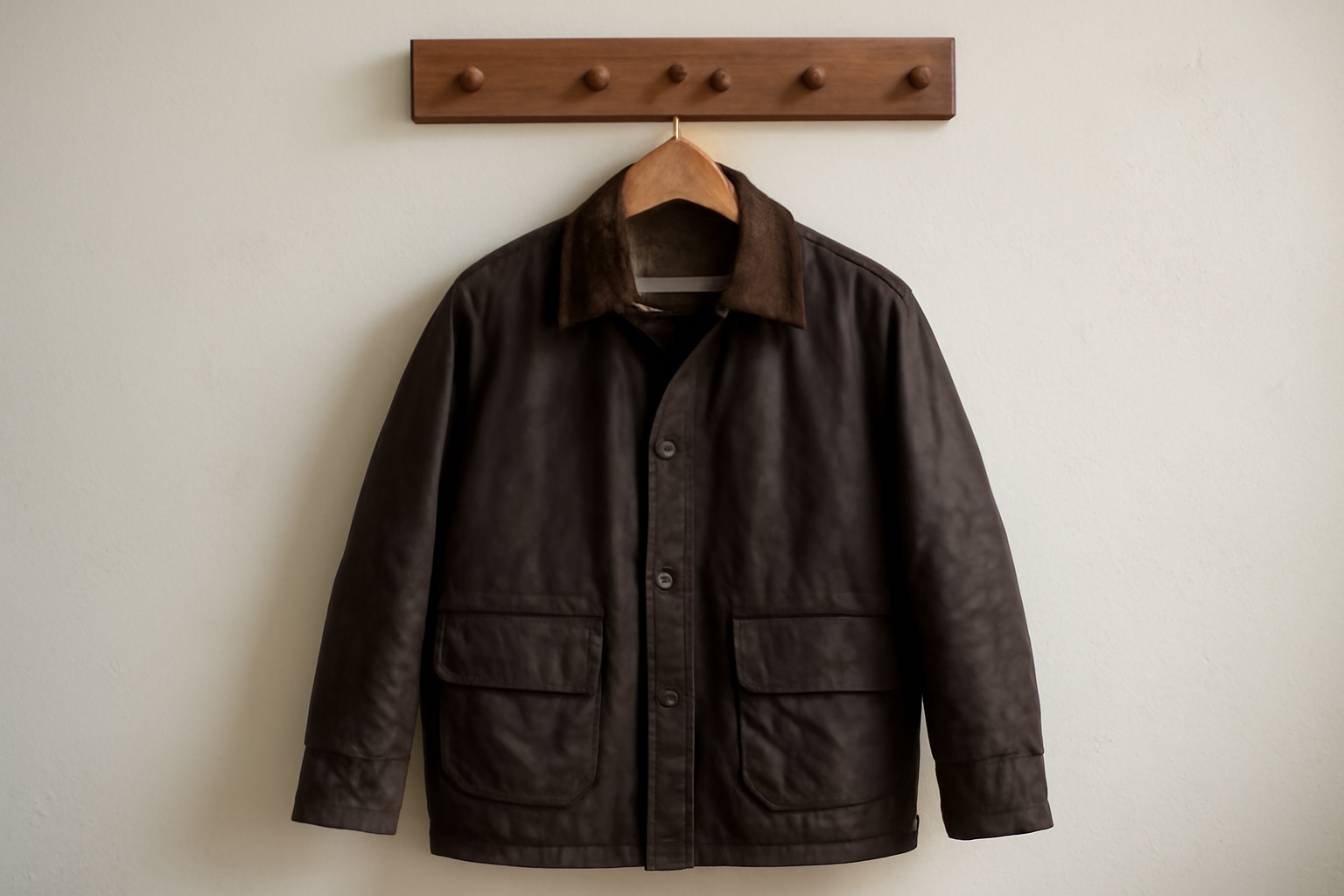 magasindemode-barbour-vestes-investissement veste ciree suspendue sur patere en bois