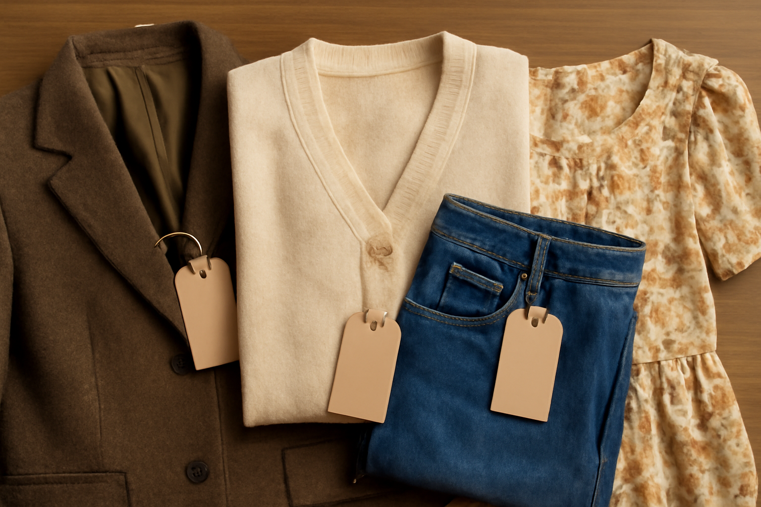 vêtements vintage posés sur table avec étiquette