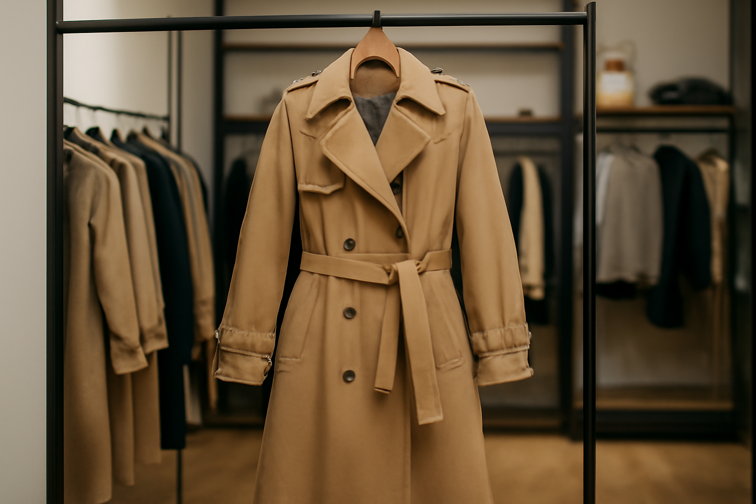 manteau long style trench suspendu en boutique