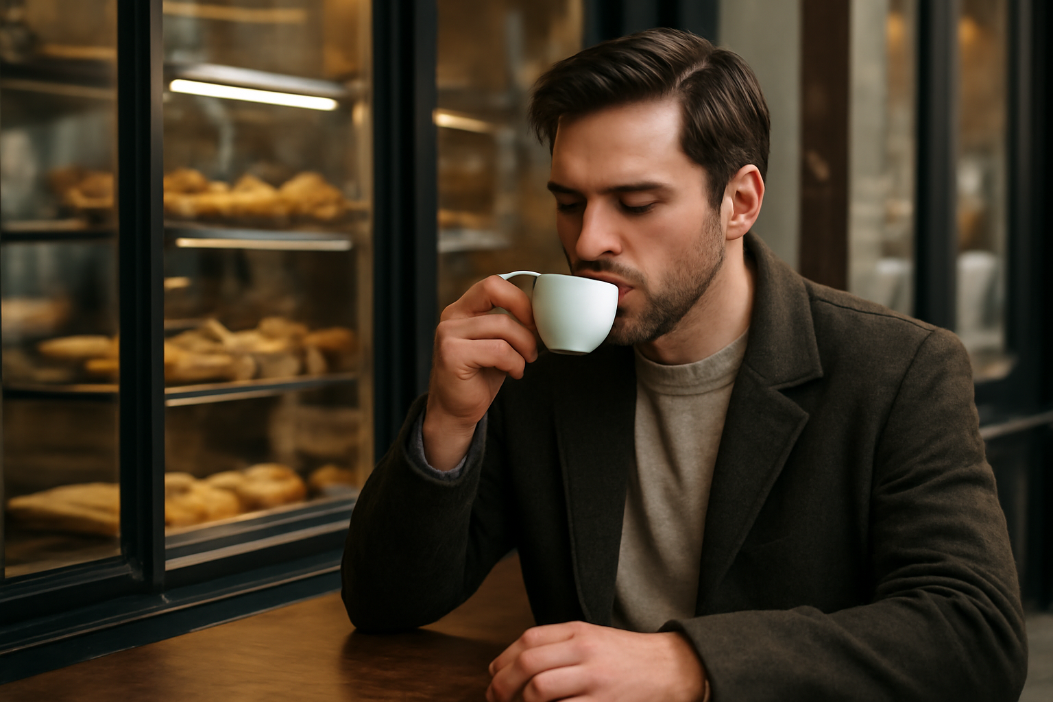 magasindemode-cafes-apres-shopping-centre-ville client sirotant café près des vitrines