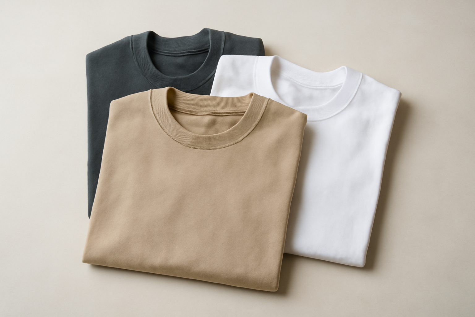trois t-shirts pliés sur une table neutre