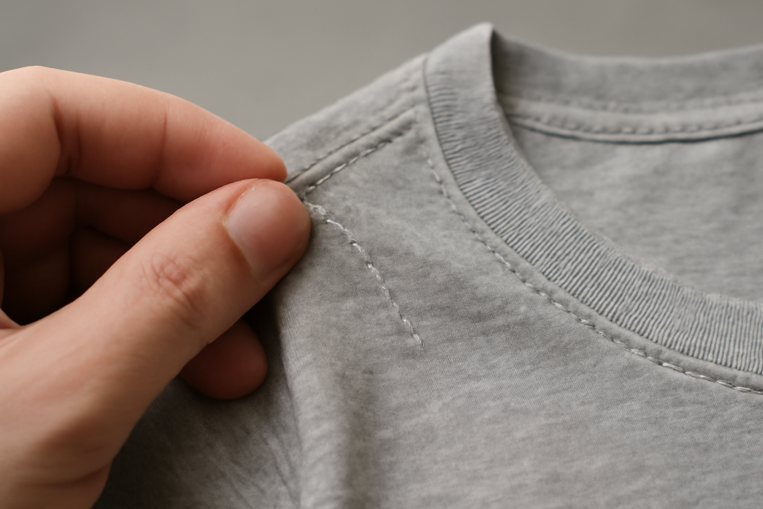 main inspectant une couture détachée sur un t-shirt