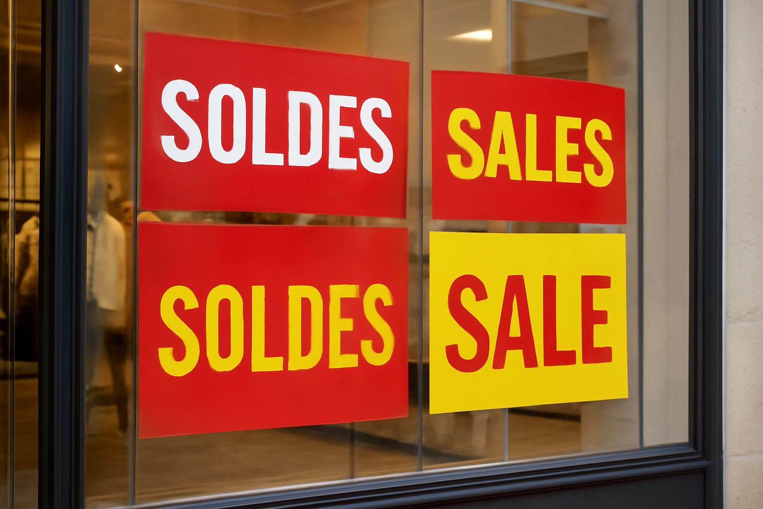 vitrine soldes affiches rouge et jaune