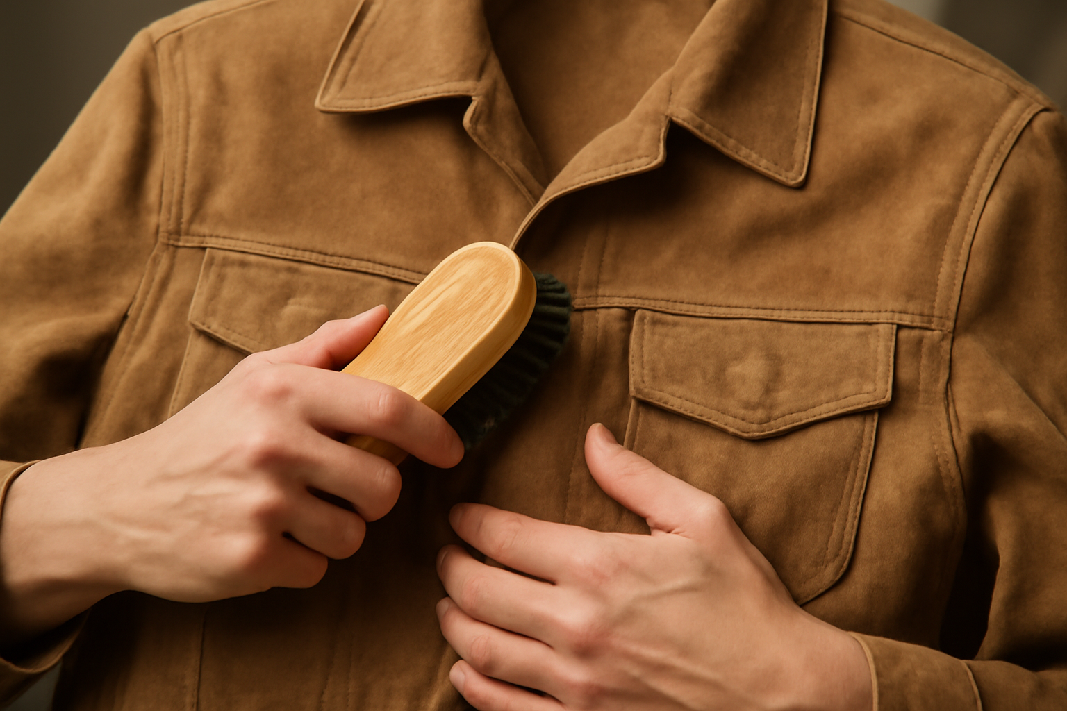 mains brossant délicatement une veste en daim