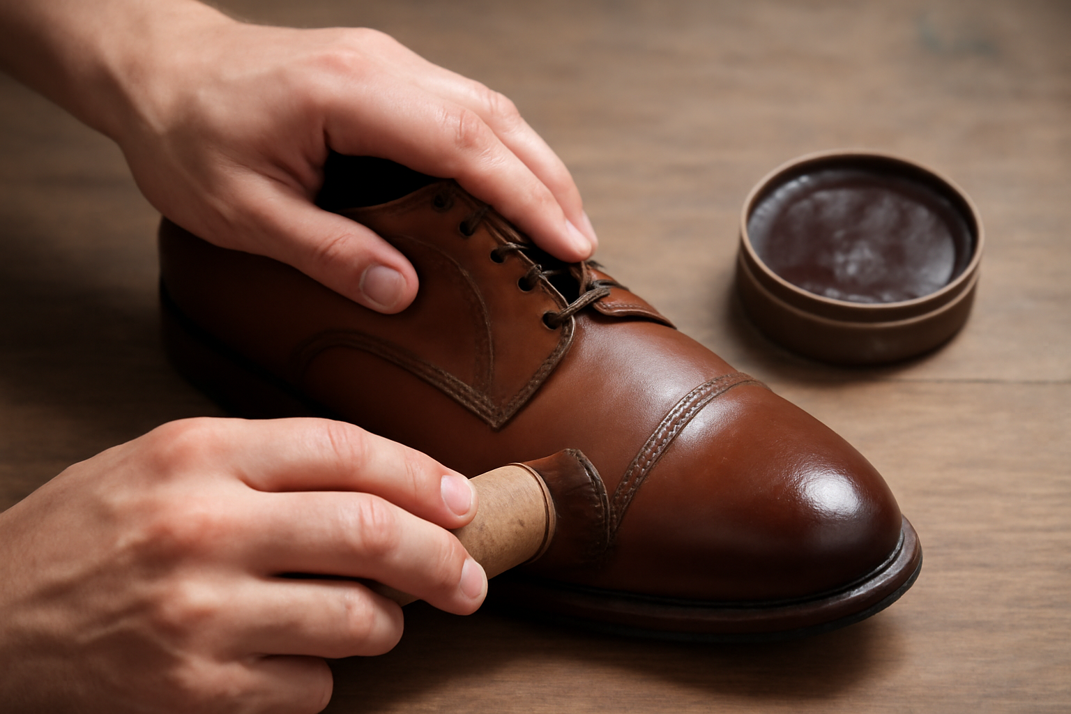 magasindemode-entretien-express-chaussures-cuir mains appliquant cire sur chaussure en cuir
