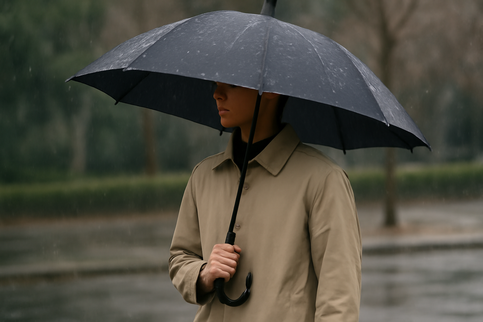 personne sous parapluie long manteau imperméable