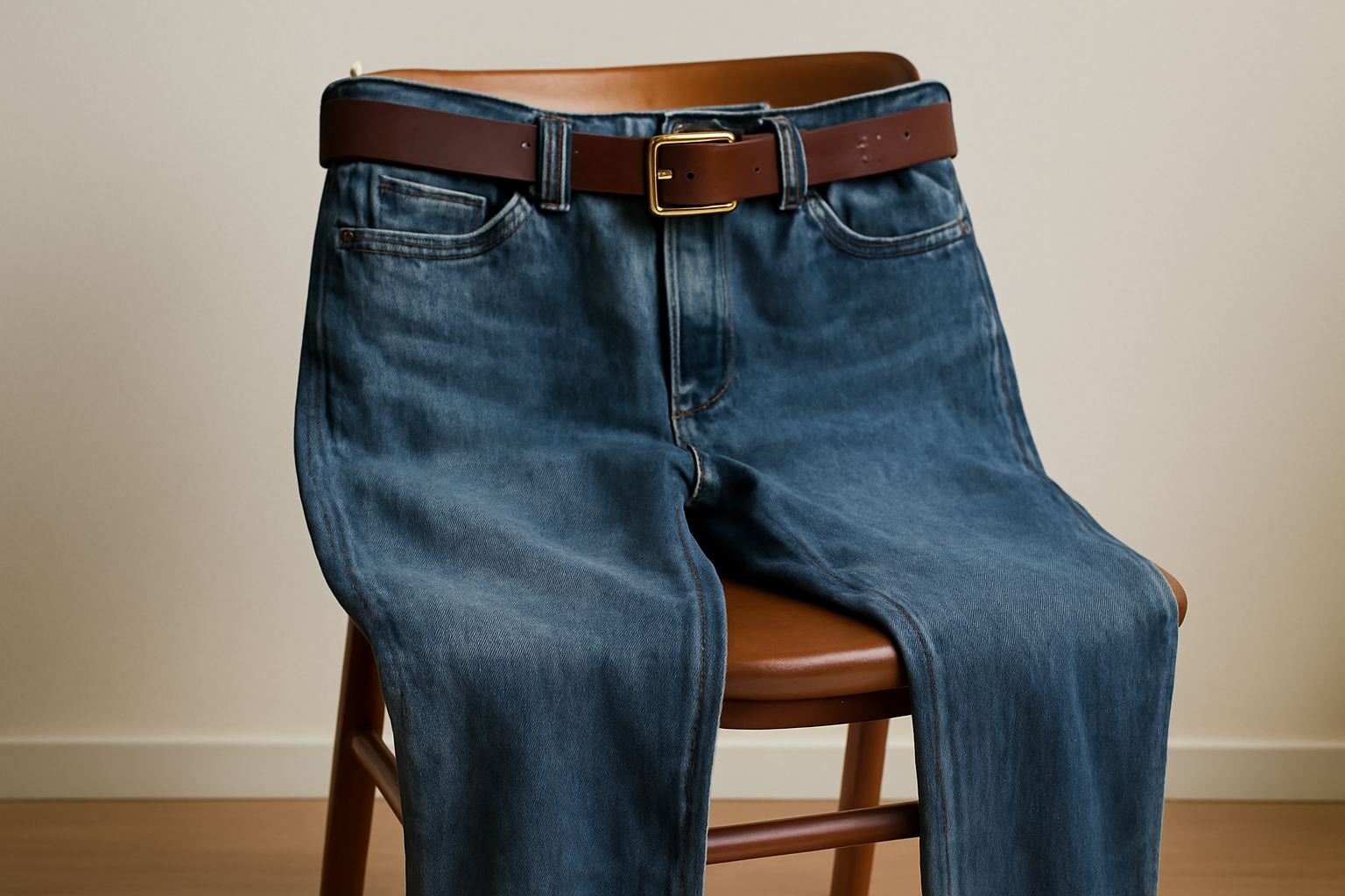jean droit posé sur chaise avec ceinture