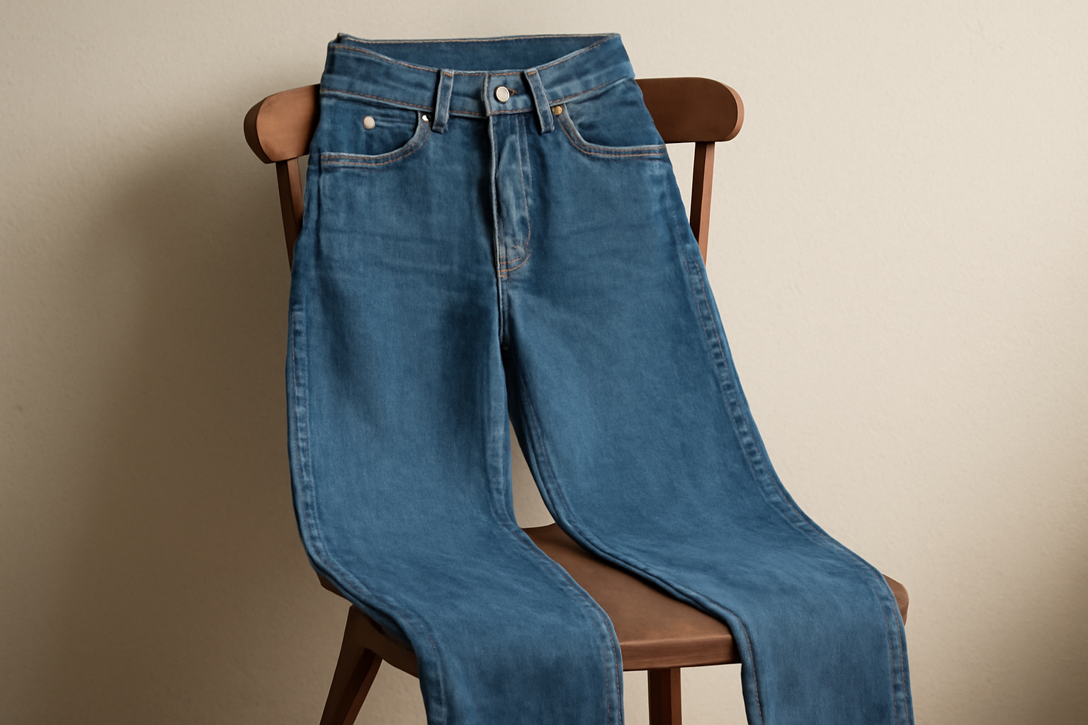 jean taille haute posé sur chaise en bois