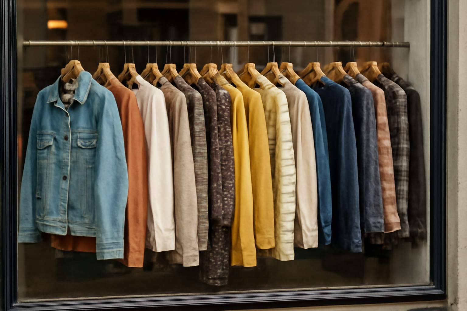 vitrine friperie vêtements sur cintres