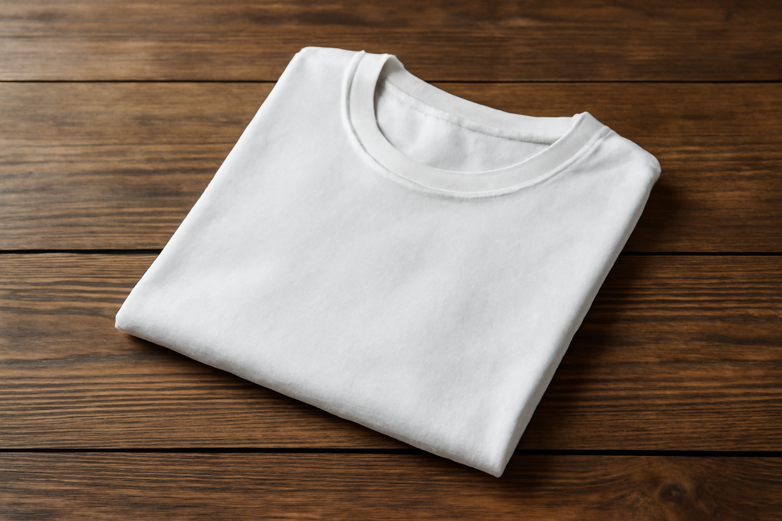 tee-shirt basique blanc plie sur table en bois