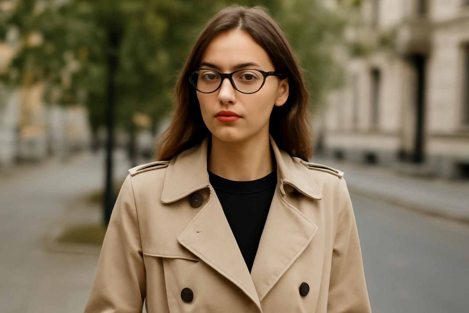 personne portant trench et lunettes en extérieur