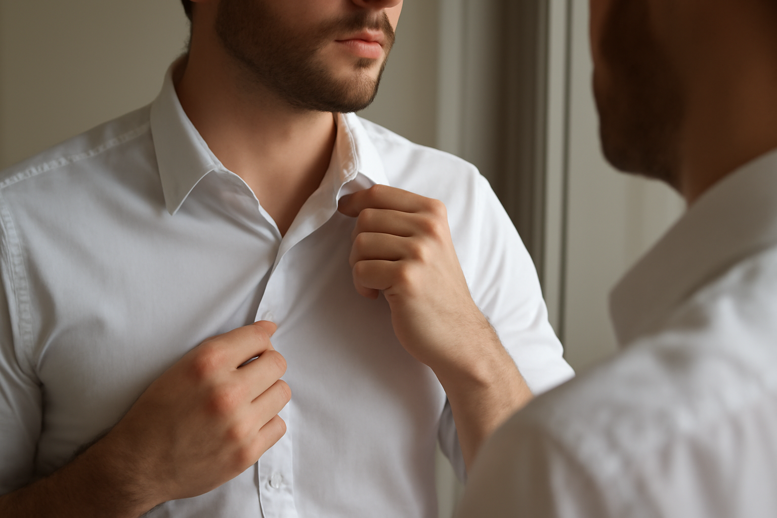 magasindemode-manches-qui-remontent personne tirant sur manche de chemise devant miroir