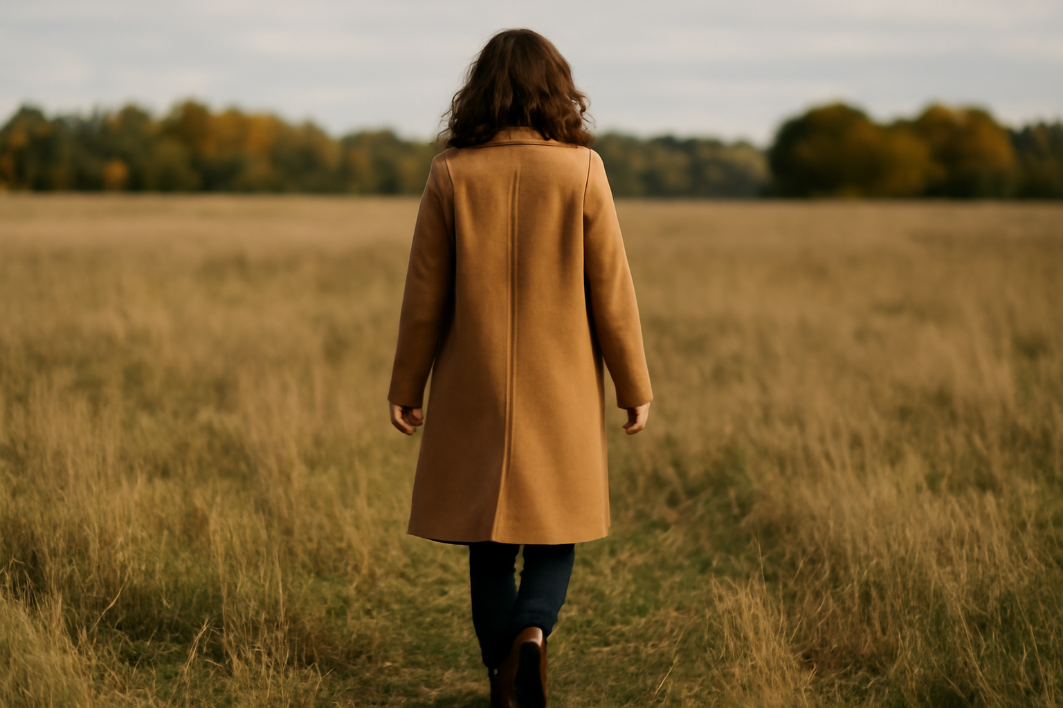 personne marchant dans pré avec manteau