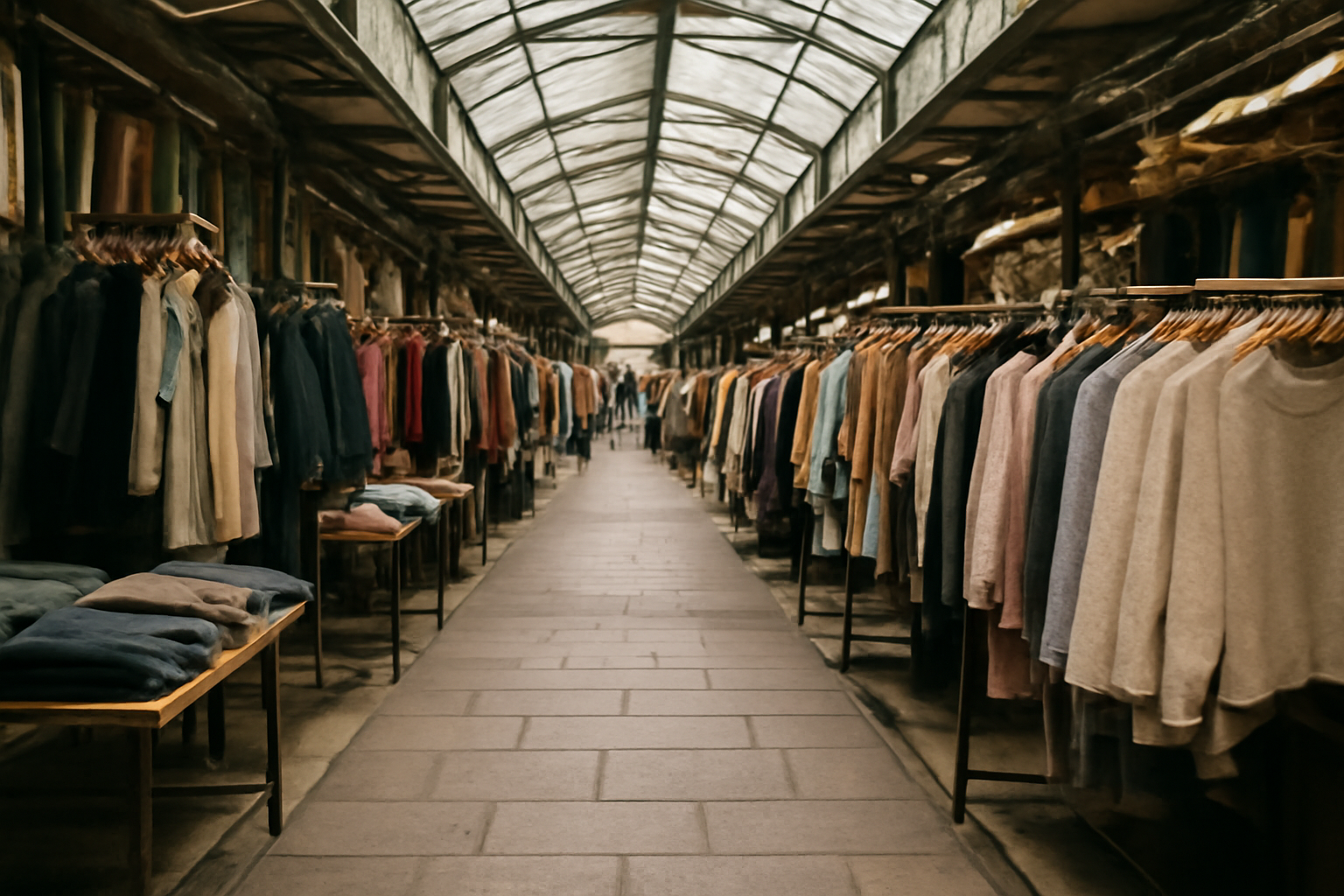 magasindemode-marche-couvert-stands-mode allée de marché couvert avec étals vêtements